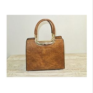 Tan Croc Textured Top Handle Bag